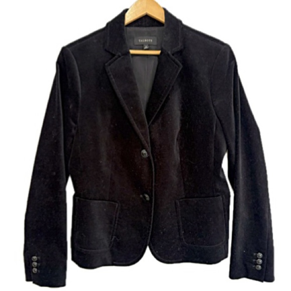 Talbots Black Stretch Velvet Blazer Womens Size 10 Patch Pocket 2 Button Front